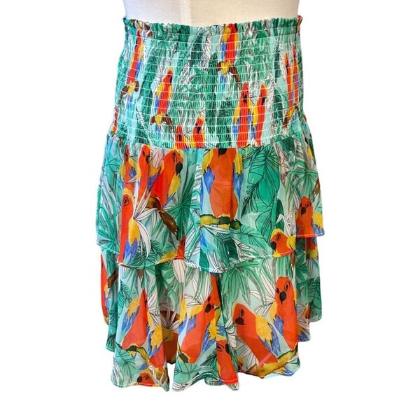 MILLY Wyatt Parrot Print Tiered Ruffled Mini Skirt Green Multi Lined NWT Size 4 - Picture 4 of 9